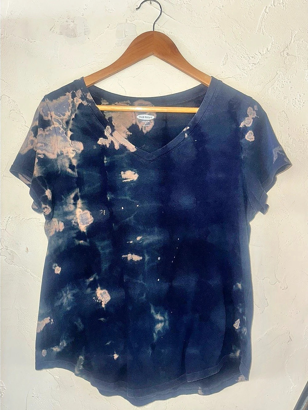 Reverse Tie-Dye On Blue Cotton V-Neck, Short-Sleeve Tee OOAK. Hand Made